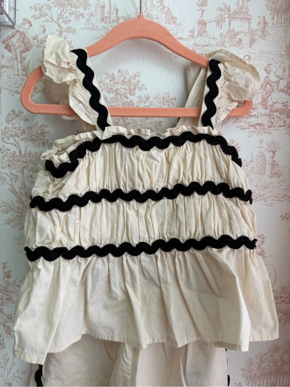 Zara Kids Cream Two-Piece Ruffled Top and Wide Leg Pants with Black Trim